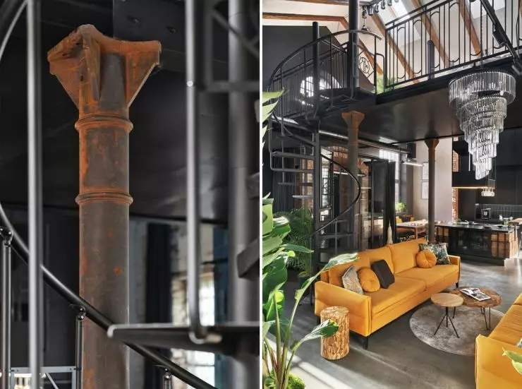 kręte steel staircase and columns create the character of the interior