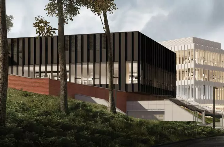część operacyjno‑techniczna będzie częściowo wybita w zbocze i pokryta tytanowo‑cynkową blachą w kolorze antracytu