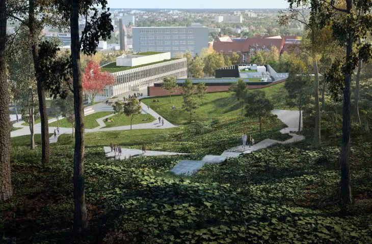 architekci, wykorzystując kaskadową rzeźbę terenu, zaprojektowali budynek wizualnie i funkcjonalnie podzielony na trzy części