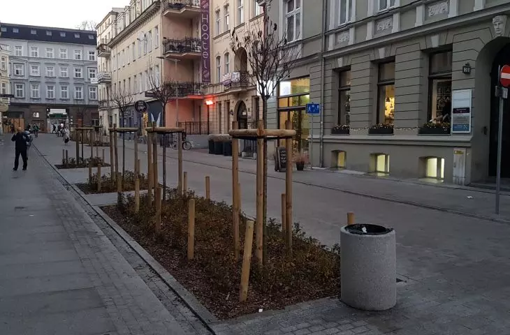 Poznan's first woonerf in Kwiatowa Street. Until this spring, it was primarily a treeless parking lot. 