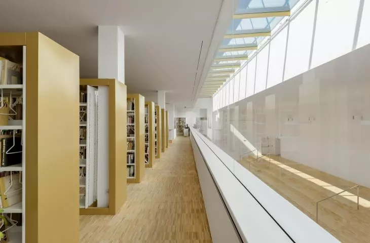 View of the interior with bookcases of the Municipal Library in Glucholazy