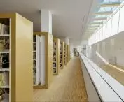 View of the interior with bookcases of the Municipal Library in Glucholazy