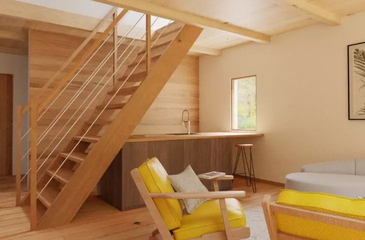 Silesian House, stairs lead to mezzanine floor