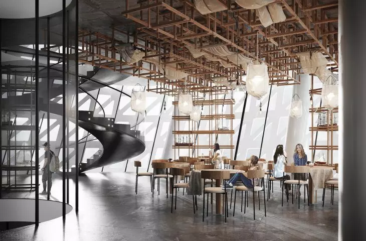 The overhang of the restaurant is supported by steel cables