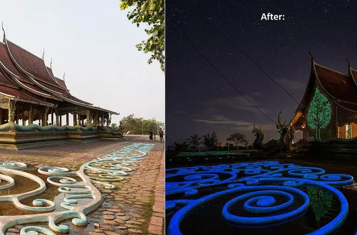 Świątynia Wat Phu Phrao, Tajlandia – farby  fosforyzujące na elewacji i wokół budynku