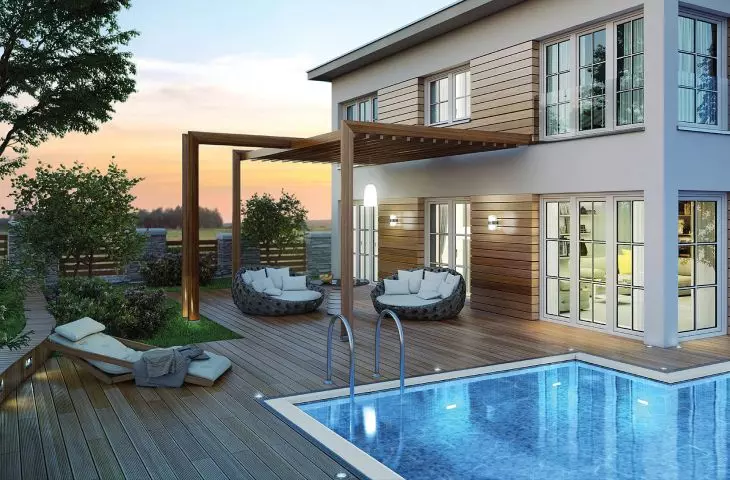 Terraces and facades made of exotic, European, termed wood