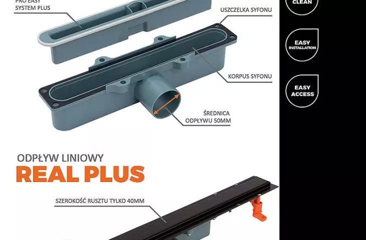 Linear bathroom drains made of high-quality acid-resistant stainless steel and plastic