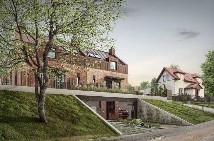 the housing estate is closed on two sides by perpendicularly arranged blocks of semi-detached houses