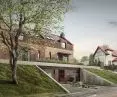 the housing estate is closed on two sides by perpendicularly arranged blocks of semi-detached houses