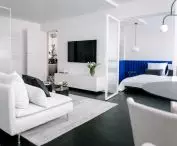 In the foreground the living area, in the depth you can see the bathroom and the bedroom