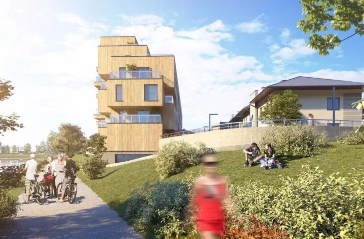on the side of the existing buildings, the block has four floors, the next ones step back in a stepwise manner as the height increases
