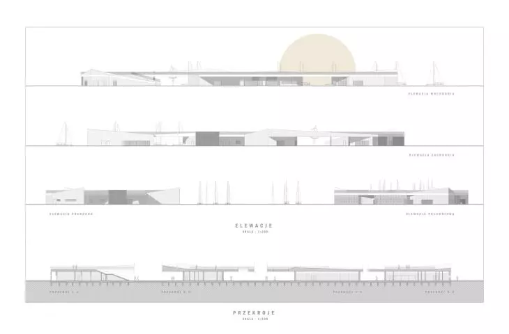 Yacht marina in Rewa, sections and elevations