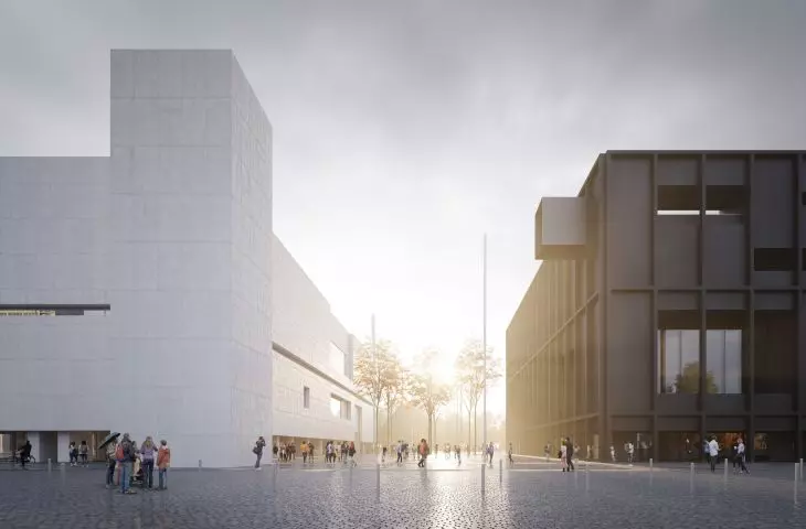 Muzeum Sztuki Nowoczesnej i teatr TR Warszawa 2020. Widok na forum między budynkami. 