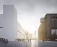 Museum of Modern Art and TR Warsaw 2020 theater. A view of the forum between the buildings. 