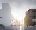 Muzeum Sztuki Nowoczesnej i teatr TR Warszawa 2020. Widok na forum między budynkami. 