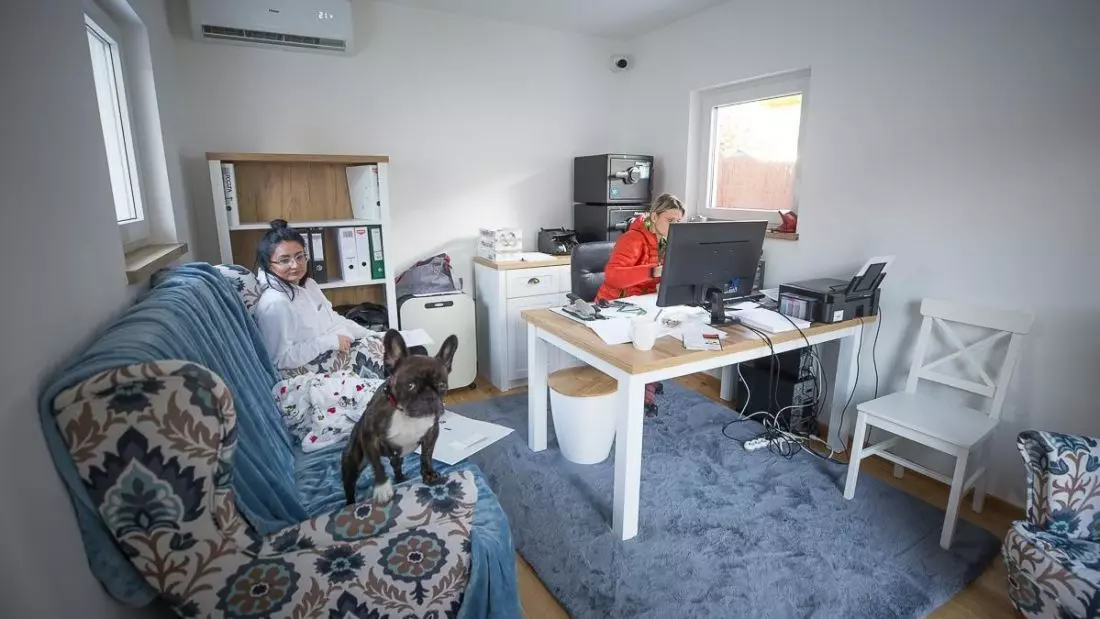  Wnętrze domku
z Psiej Wioski wraz z mieszkańcem i opiekunkami