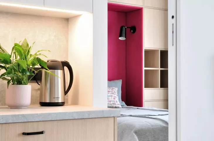 view from kitchen to bedroom
