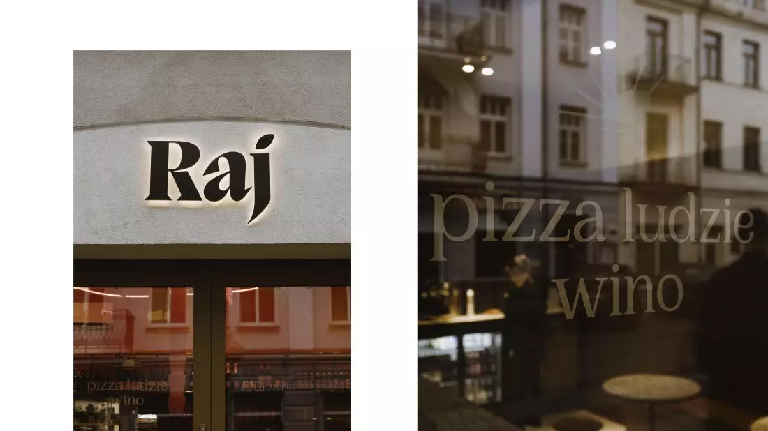 Wejście do RAJ pizza
ludzie wino