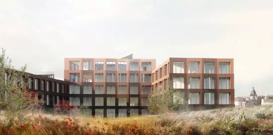 elewacje of the building is formed by slightly stepped massive brick frames with large windows