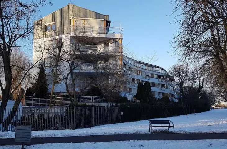 The Ribbon of Warta apartment building on the downtown stretch of the river.