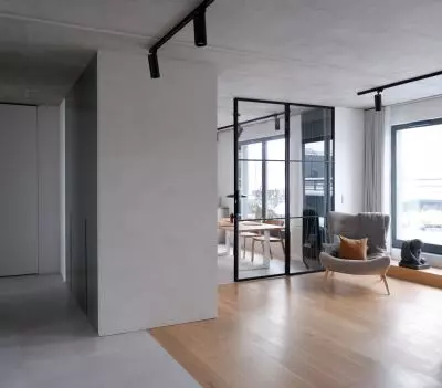 przestrzeń living space from the children`s rooms is separated by a centrally located double-sided peninsula