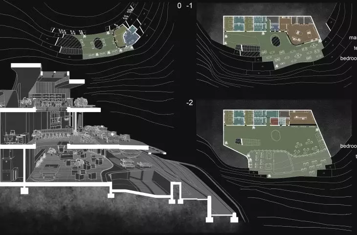 Projekt Rice Hill Resort, rzut i przekrój głównego budynku