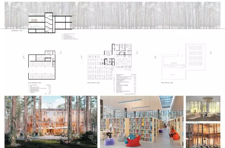 1st place, cross-section and projections of the library, proj.: Regio