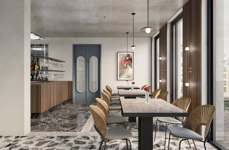 The interior of the restaurant is a combination of different styles
