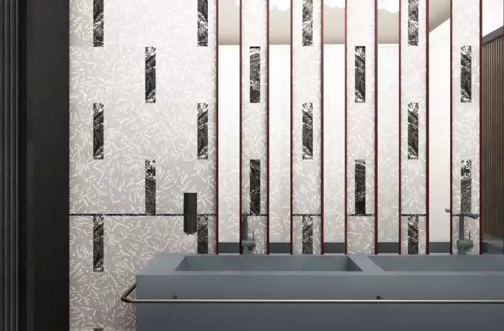 Bathroom interior with geometric accents