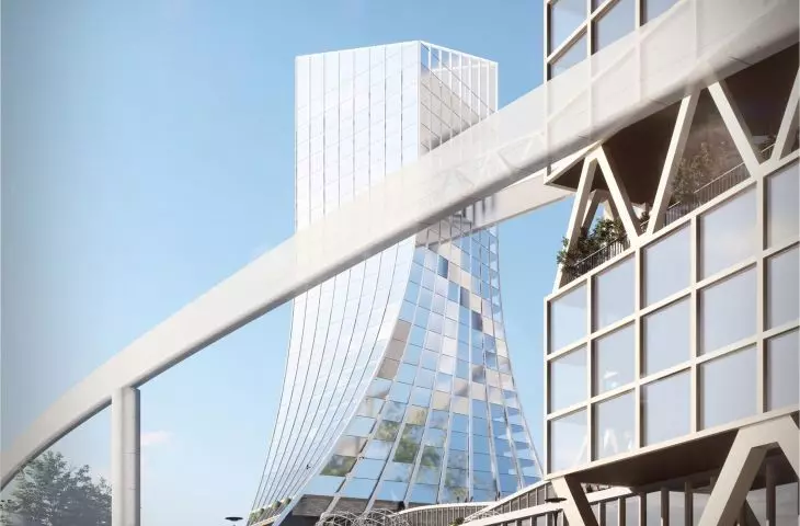 The buildings include a hotel and apartments
