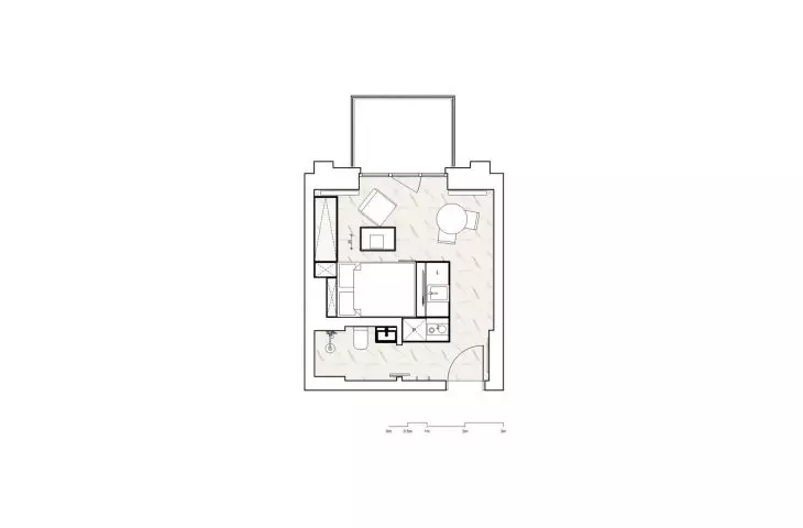 projection of a studio apartment of 23 m²