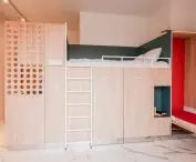 box serves multiple functions - houses kitchen, storage areas, bedroom and seating