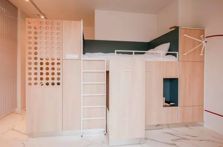 for storage there are capacious cabinets and drawers