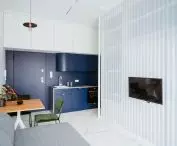 a larger studio apartment consists of two rooms - a living room with a kitchen and a bedroom deep inside