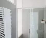 The bathroom is illuminated by glass in the shower area