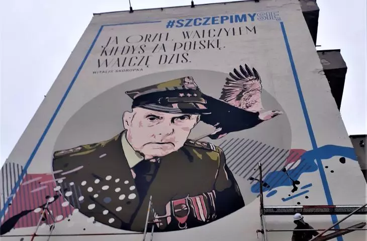 A pandemic mural on the south gable wall of the Mesonetovsk.