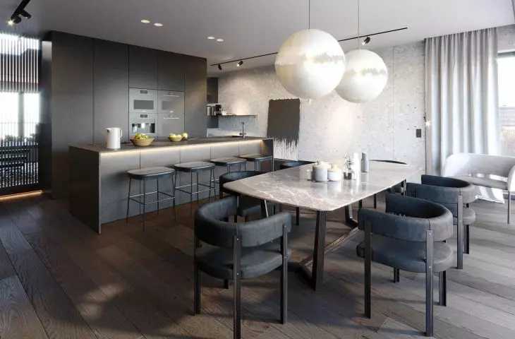 Dark kitchen and dining room with stone table