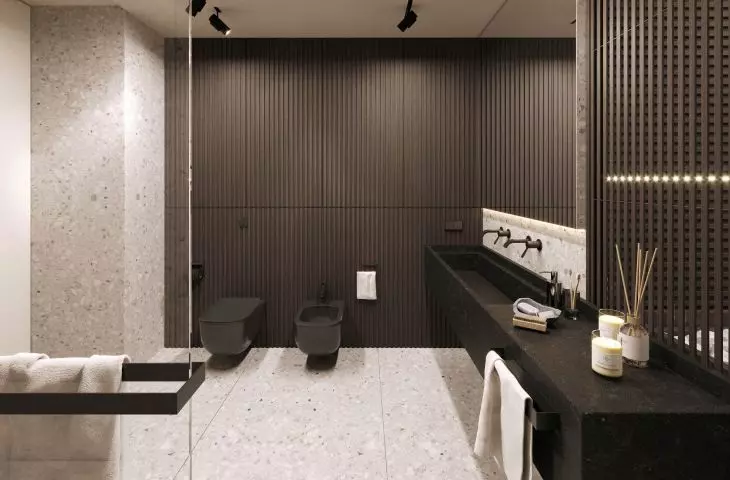 Bathroom with dark fins