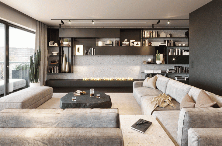 Living room with movie screen