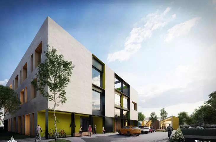 School building, kindergarten in the background