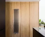 contrasting colors are juxtaposed with warm wood tones