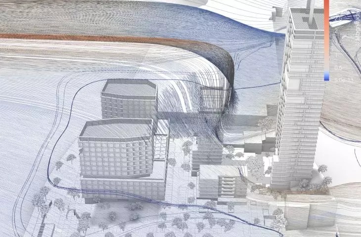 wynik symulacji w tunelu aerodynamicznym ruchu mas powietrza dla projektowanej przestrzeni