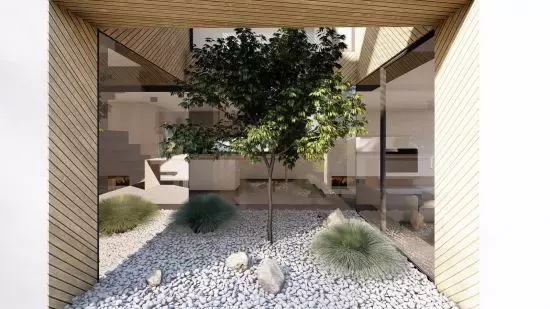 atrium otoczone drewnianą okładziną
