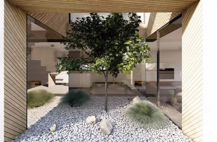atrium otoczone drewnianą okładziną