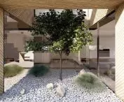 atrium otoczone drewnianą okładziną