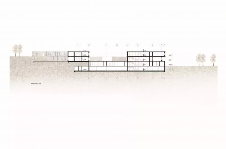 II nagroda w konkursie na projekt Centrum Opieki Geriatrycznej, przekrój AA