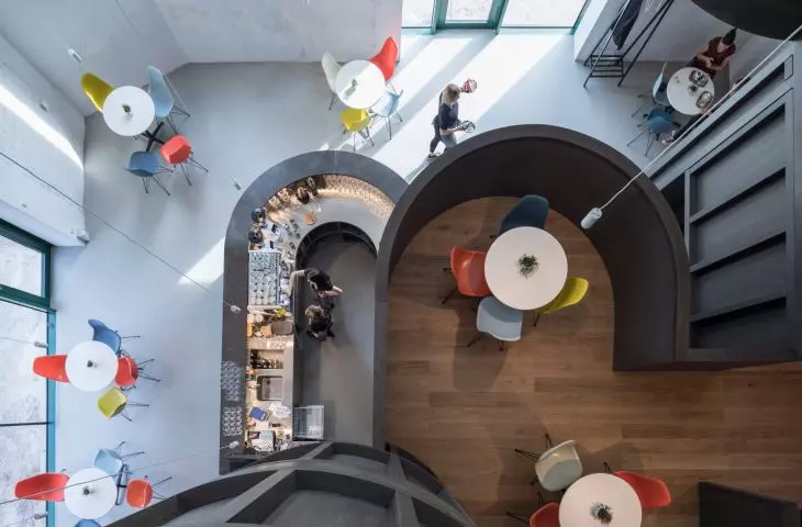 An aerial view of the interior shaped wooden structure