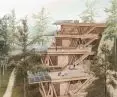 The building has a stepped and terraced form 
