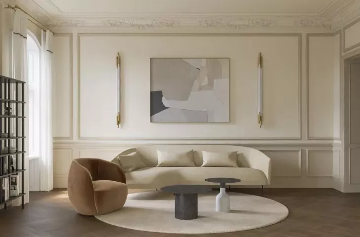 the interior is maintained in warm, subdued colors