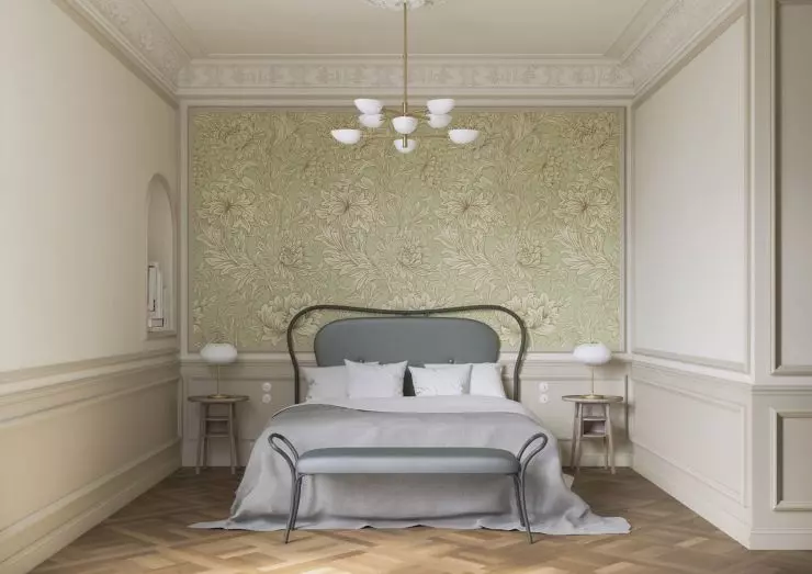 tapeta from the William Morris collection on one of the walls in the bedroom